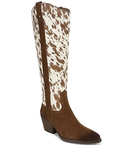 Sam Edelman Wyatt Cow Print Calf Hair and Suede Point Toe Tall Western Boots