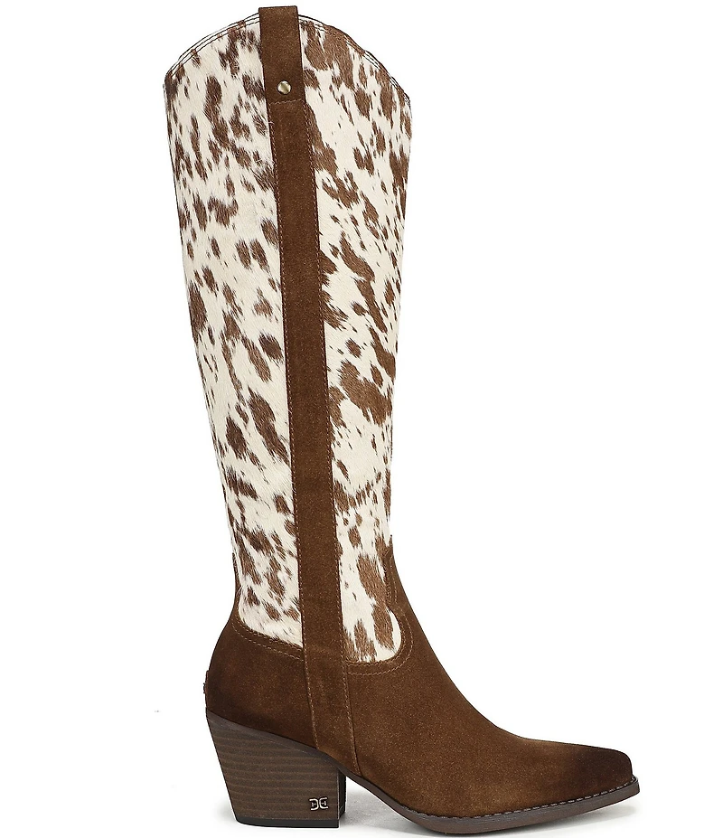 Sam Edelman Wyatt Cow Print Calf Hair and Suede Point Toe Tall Western Boots