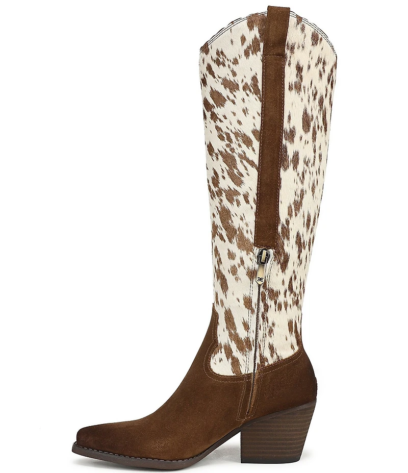 Sam Edelman Wyatt Cow Print Calf Hair and Suede Point Toe Tall Western Boots