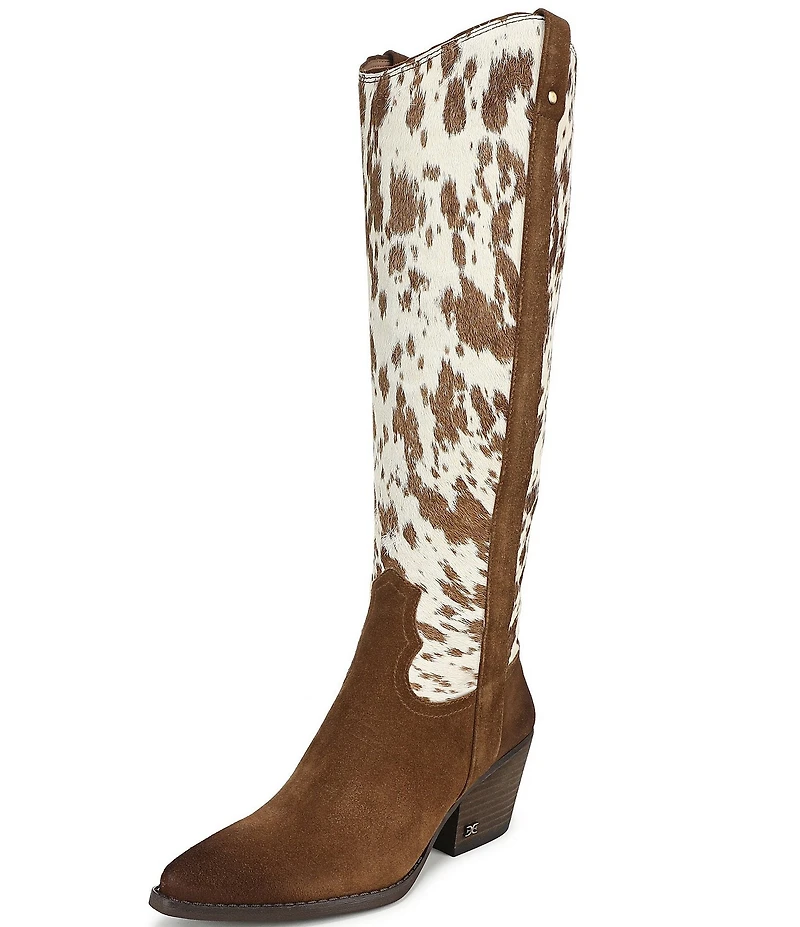 Sam Edelman Wyatt Cow Print Calf Hair and Suede Point Toe Tall Western Boots