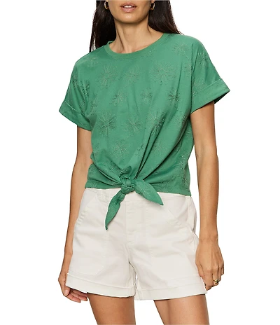 Sanctuary All Day Floral Embroidered Crew Neck Short Sleeve Tie Front Tee