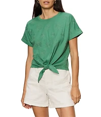 Sanctuary All Day Floral Embroidered Crew Neck Short Sleeve Tie Front Tee