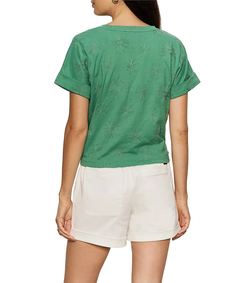 Sanctuary All Day Floral Embroidered Crew Neck Short Sleeve Tie Front Tee