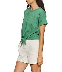 Sanctuary All Day Floral Embroidered Crew Neck Short Sleeve Tie Front Tee