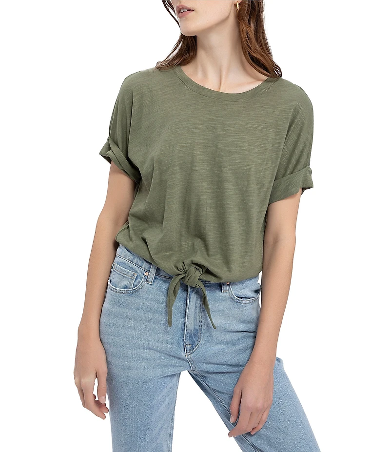 Sanctuary All Day Tie Waist Crew Neck Short Rolled Sleeve Tee Shirt