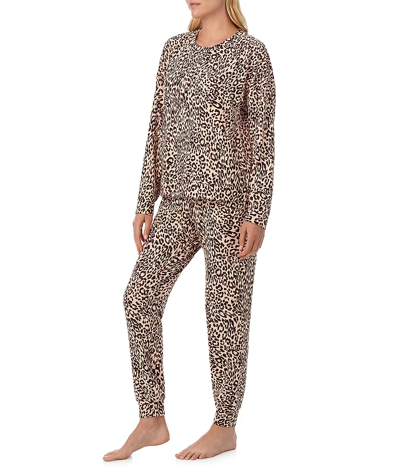Sanctuary Animal Print Long Sleeve Pullover & Jogger Brushed Sweater Jersey Pajama Set