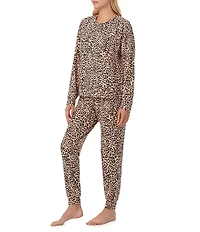 Sanctuary Animal Print Long Sleeve Pullover & Jogger Brushed Sweater Jersey Pajama Set