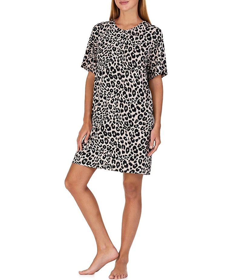 Sanctuary Animal Print Short Sleeve Round Neck Jersey Knit Sleepshirt