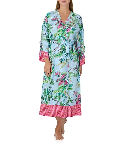 Sanctuary Aqua Stripe Print Long Sleeve V Neck Long Wrap Robe