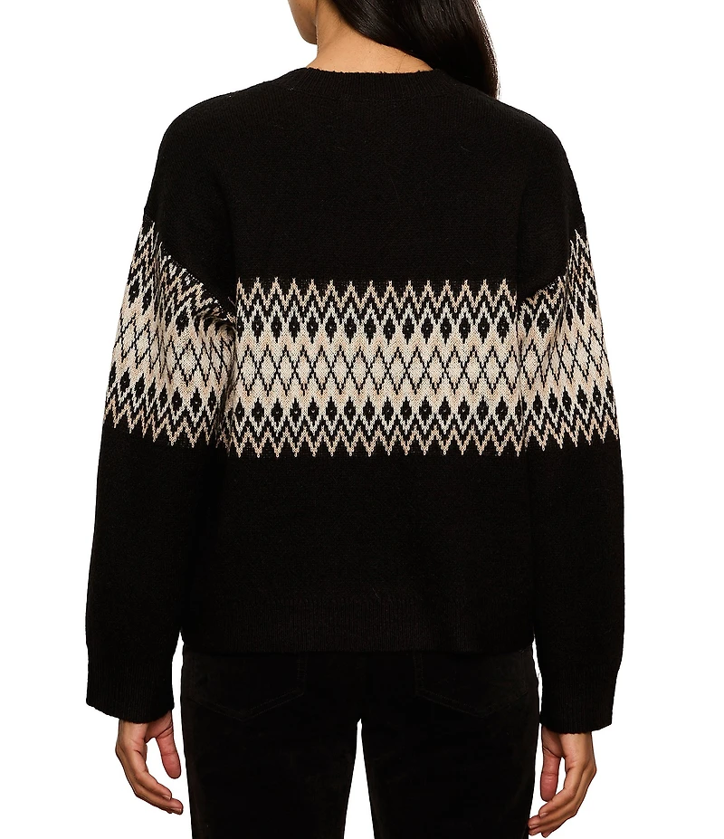 Sanctuary Argyle Crew Neck Long Sleeve Fuzzy Jacquard Easy Pullover Sweater