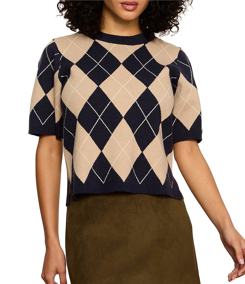 Sanctuary Argyle Crew Neck Short Sleeve Perfect Sweater