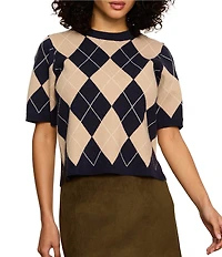 Sanctuary Argyle Crew Neck Short Sleeve Perfect Sweater