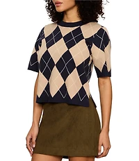 Sanctuary Argyle Crew Neck Short Sleeve Perfect Sweater