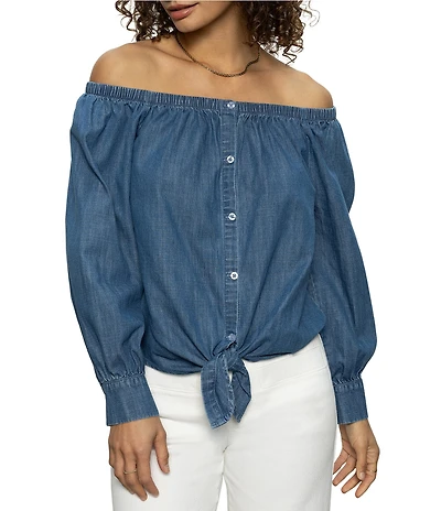 Sanctuary Ballet Off-The-Shoulder Long Sleeve Tie Front Top