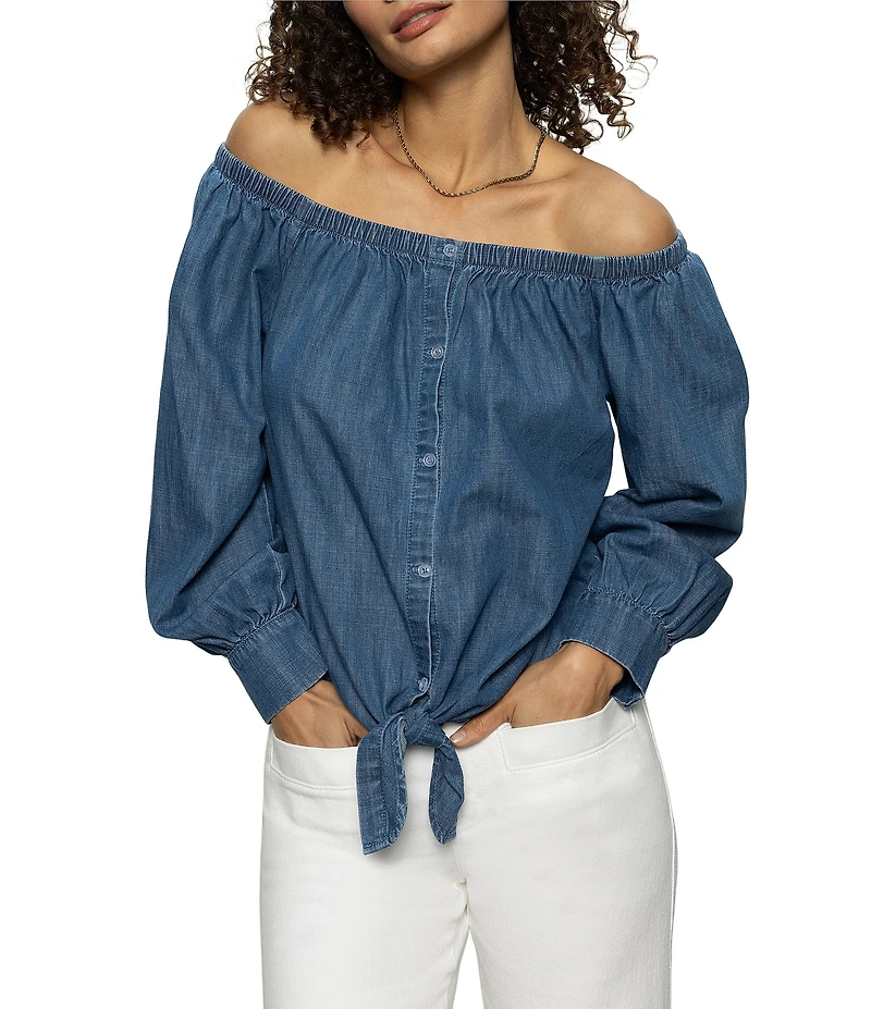 Sanctuary Ballet Off-The-Shoulder Long Sleeve Tie Front Top