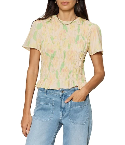 Sanctuary Better Together Floral Print Crew Neck Short Sleeve Smocked Top