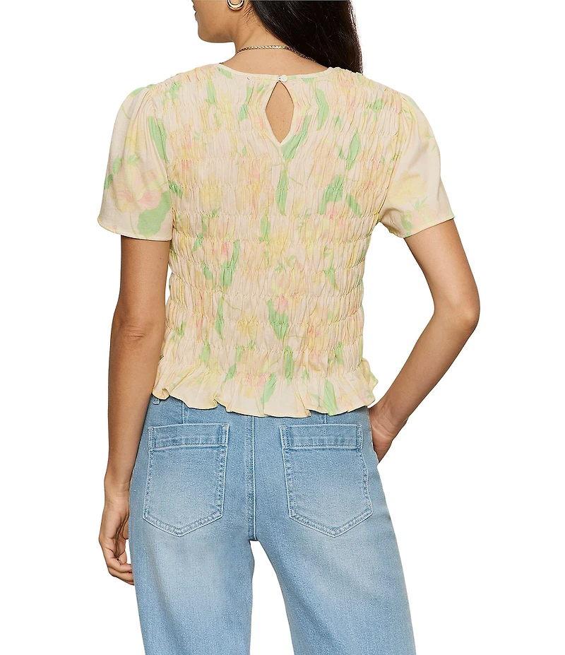 Sanctuary Better Together Floral Print Crew Neck Short Sleeve Smocked Top