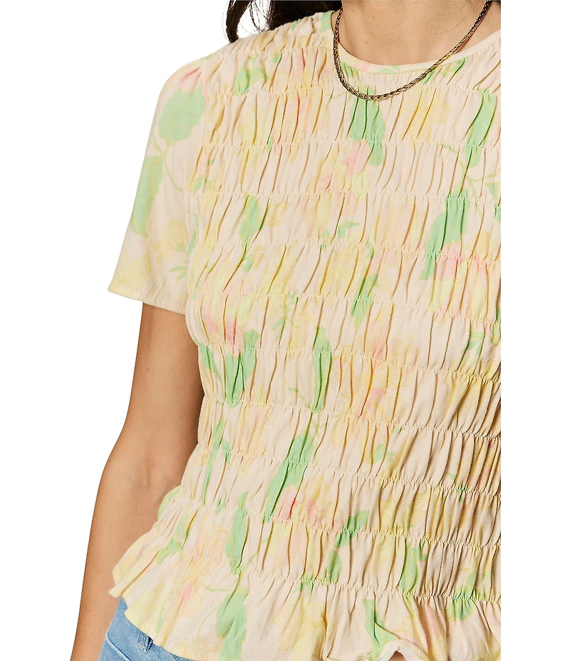 Sanctuary Better Together Floral Print Crew Neck Short Sleeve Smocked Top