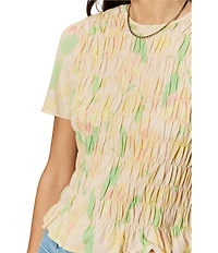 Sanctuary Better Together Floral Print Crew Neck Short Sleeve Smocked Top