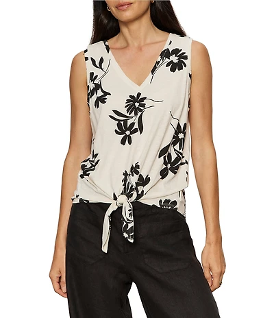 Sanctuary Bloom Print V-Neck Sleeveless Tie Front Knit Tank Top