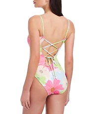 Sanctuary Charming Floral Lace-Up V-Wire Neck One Piece Swimsuit