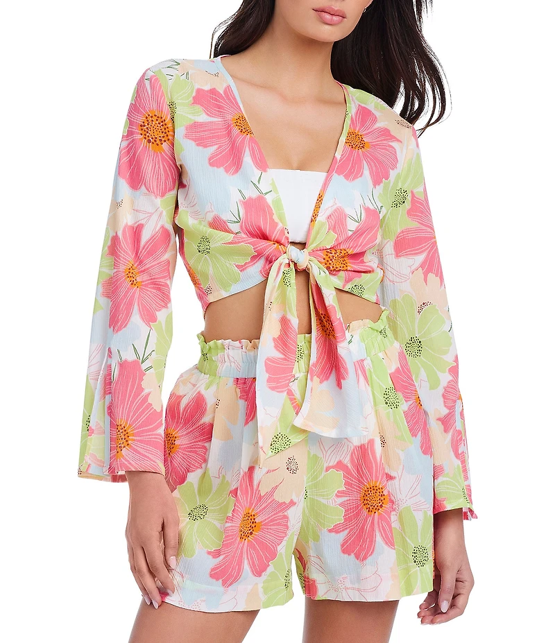 Sanctuary Charming Floral Ruffle Elastic Waist Swim Cover-Up Shorts