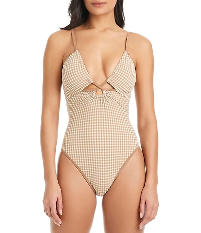 Sanctuary Check Me Out Front Keyhole Plunge V-Neck One Piece Swimsuit