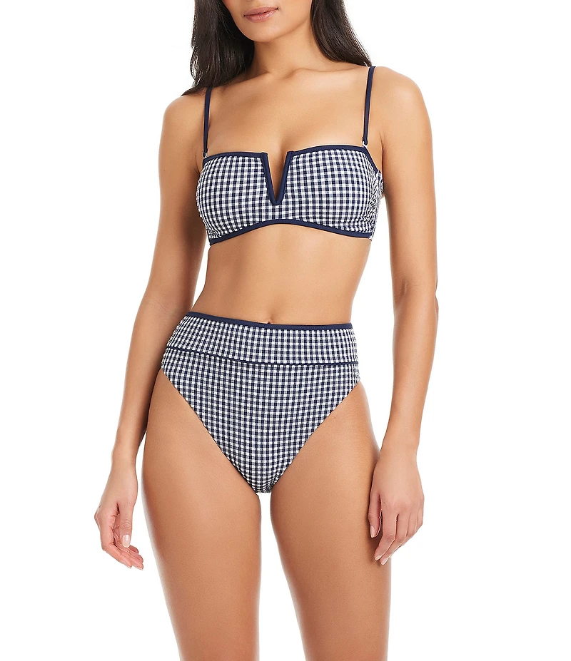 Sanctuary Check Me Out Gingham Straight V-Neck Bandeau Swim Top