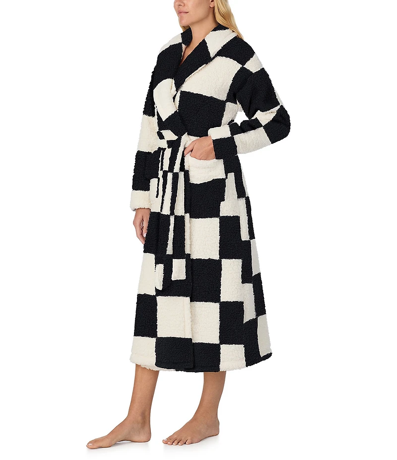 Sanctuary Checkered Long Sleeve Shawl Collar Long Cozy Fleece Robe