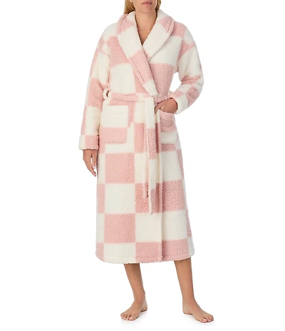 Sanctuary Checkered Long Sleeve Shawl Collar Long Cozy Fleece Robe