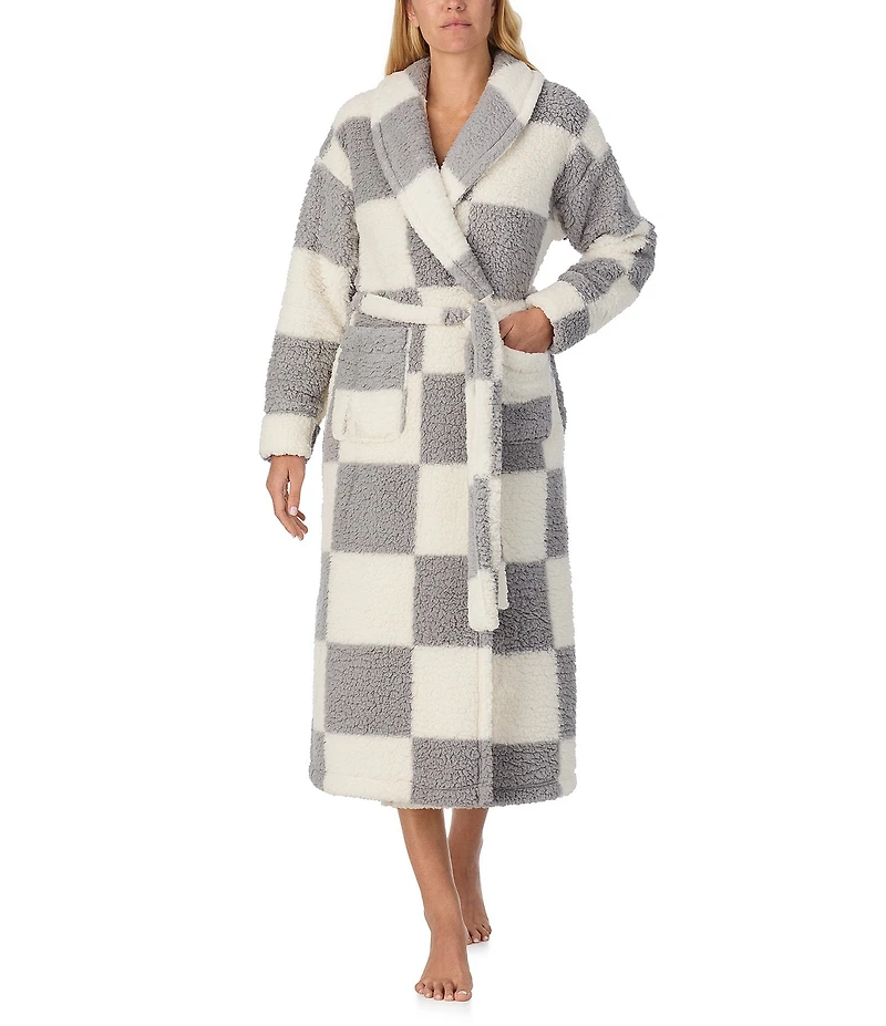Sanctuary Checkered Long Sleeve Shawl Collar Long Cozy Fleece Robe