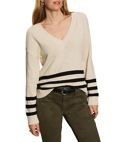 Sanctuary Classic Horizontal Stripe V-Neck Long Sleeve Sweater