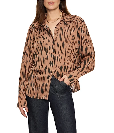 Sanctuary Colette Animal Print Crinkle Sateen Spread Collar Long Sleeve Button Front Blouse