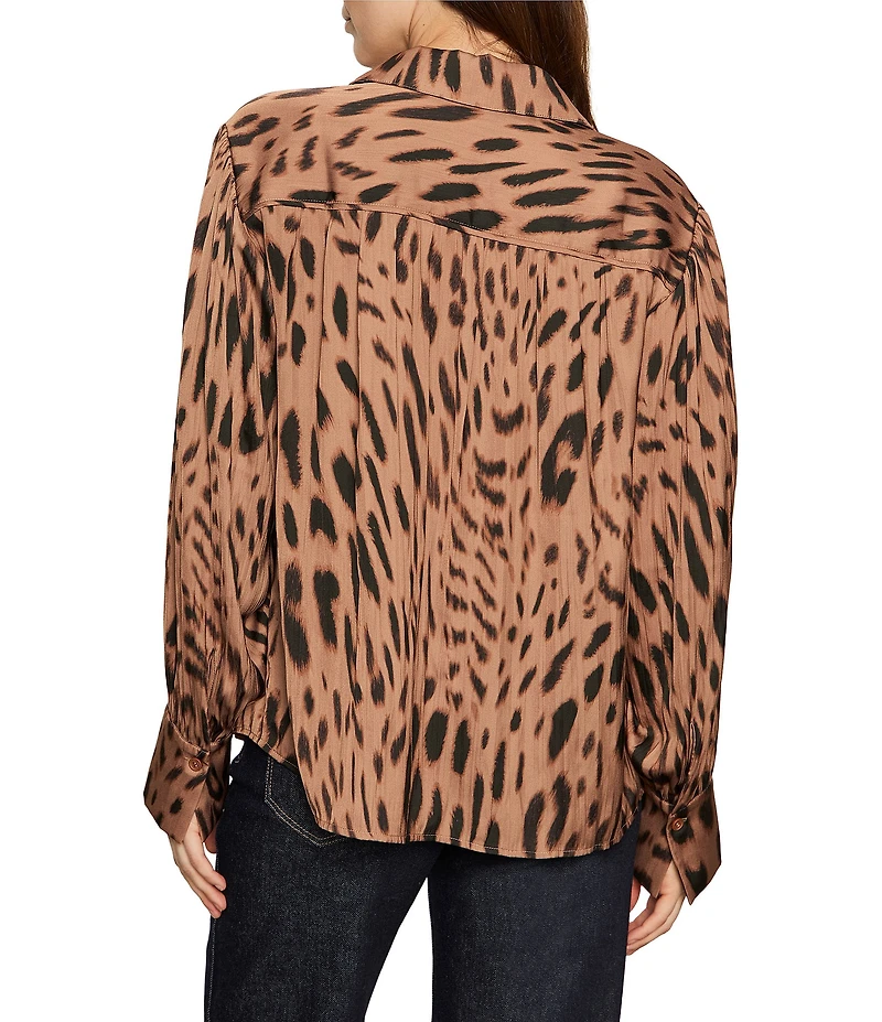 Sanctuary Colette Animal Print Crinkle Sateen Spread Collar Long Sleeve Button Front Blouse