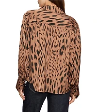 Sanctuary Colette Animal Print Crinkle Sateen Spread Collar Long Sleeve Button Front Blouse