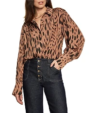 Sanctuary Colette Animal Print Crinkle Sateen Spread Collar Long Sleeve Button Front Blouse