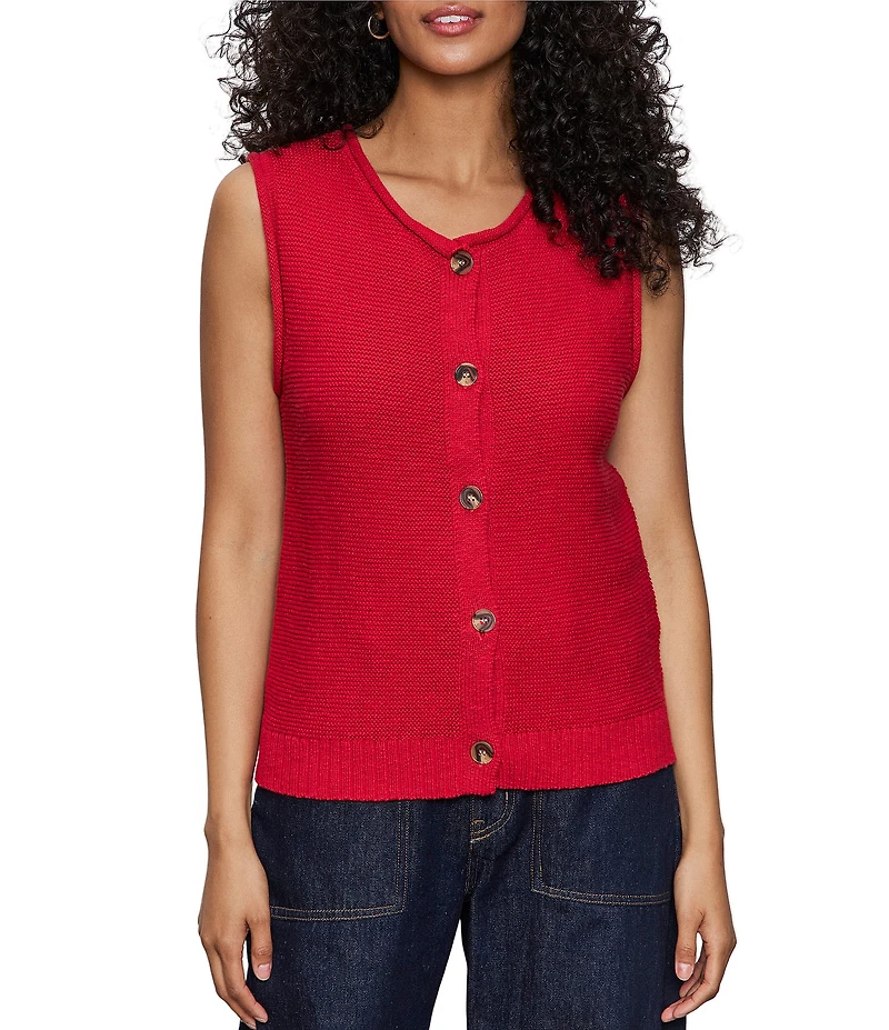 Sanctuary Cotton Slub Crew Neck Sleeveless Button Front Top
