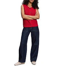 Sanctuary Cotton Slub Crew Neck Sleeveless Button Front Top