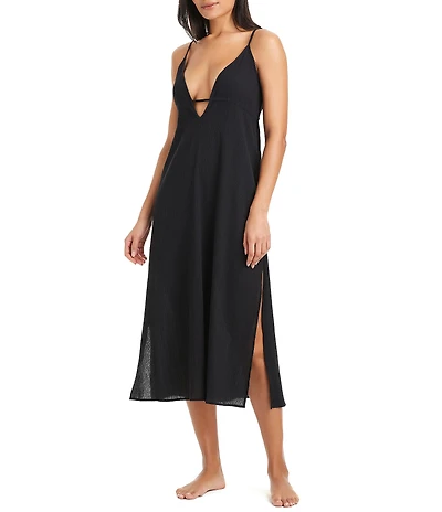 Sanctuary Crinkle Cotton Midi Tunnel Tie Dress Swim Cover-Up