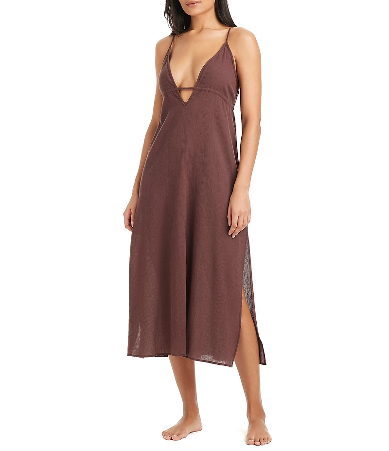 Sanctuary Crinkle Cotton Midi Tunnel Tie Dress Swim Cover-Up