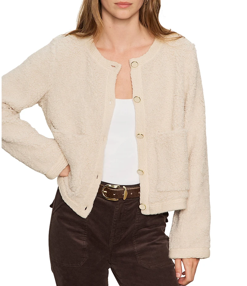 Sanctuary Cuddle Up Cozy Fleece Crew Neck Patch Pocket Button Front Cardigan