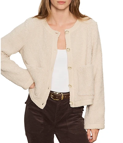 Sanctuary Cuddle Up Cozy Fleece Crew Neck Patch Pocket Button Front Cardigan