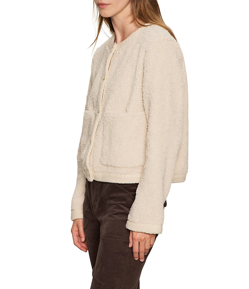 Sanctuary Cuddle Up Cozy Fleece Crew Neck Patch Pocket Button Front Cardigan