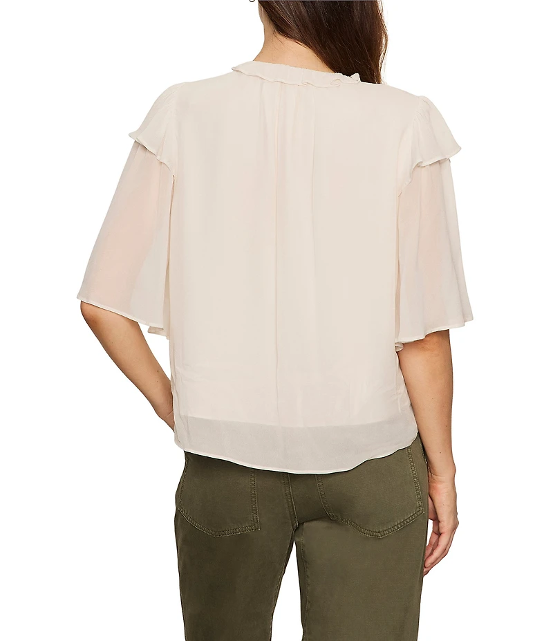 Sanctuary Deja Vu Ruffle V-Neck Short Sleeve Button Front Blouse