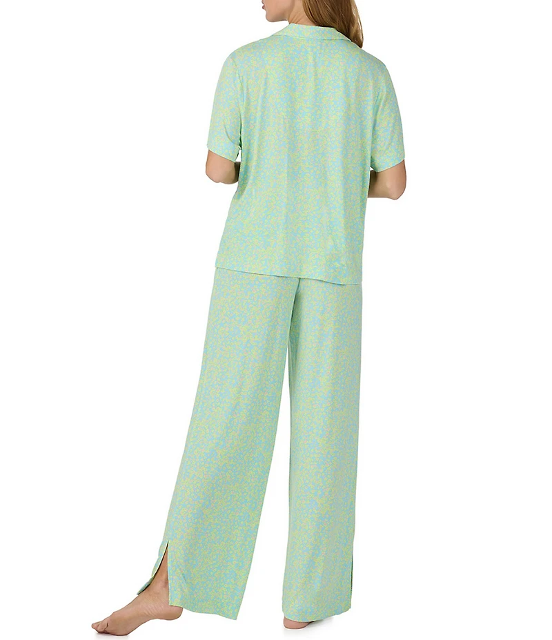 Sanctuary Ditsy Floral Print Short Sleeve Notch Collar Jersey Knit Long Pajama Set