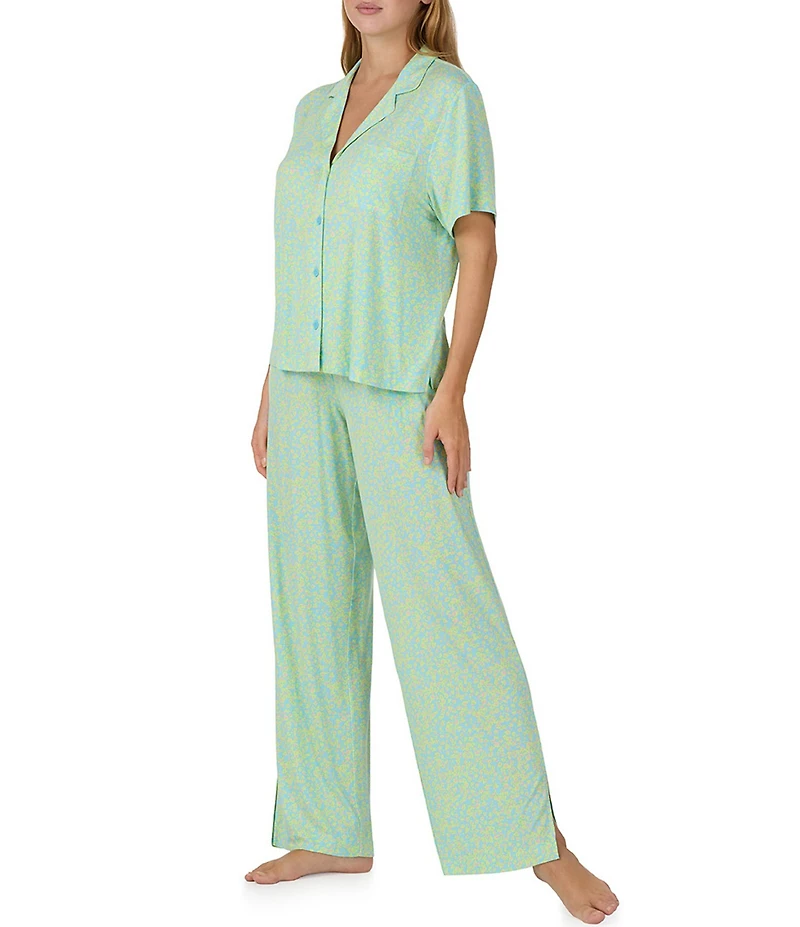 Sanctuary Ditsy Floral Print Short Sleeve Notch Collar Jersey Knit Long Pajama Set