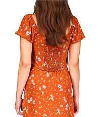 Sanctuary Drawing Closer Floral Print Textured Woven Drawstring Front V-Neck Short Puff Sleeve Cropped Coordinating Top