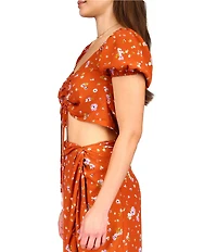Sanctuary Drawing Closer Floral Print Textured Woven Drawstring Front V-Neck Short Puff Sleeve Cropped Coordinating Top