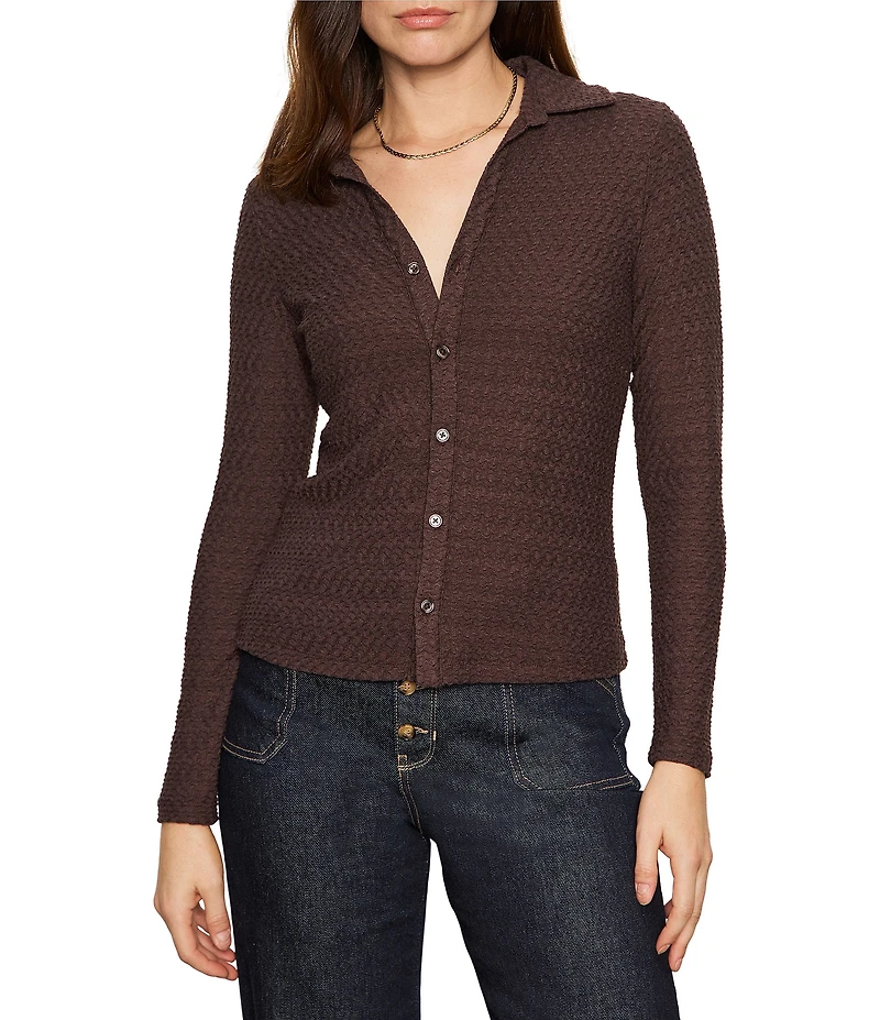 Sanctuary Dream Girl Textured Knit Spread Collar Long Sleeve Button Front Top