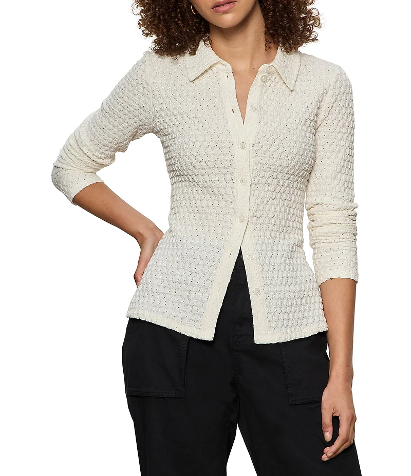 Sanctuary Dreamer Spread Collar Long Sleeve Textured Bubble Knit Top